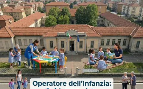 Un operatore generico di assistenza guida i bambini in attività creative e di lettura all'esterno di una scuola dell'infanzia a Milano.
