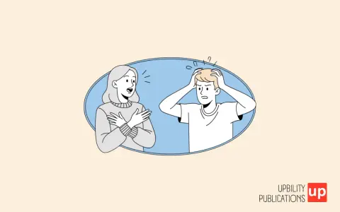 Donna parla con un uomo che si tiene la testa, visibilmente stressato, forse soffre di disartria da stress.