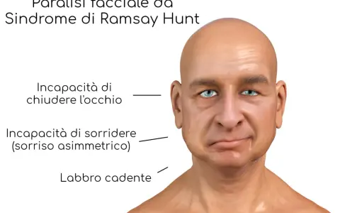 Volto con paralisi facciale da Sindrome di Ramsay Hunt: occhio non chiudibile, sorriso asimmetrico e labbro cadente.