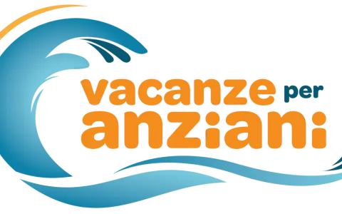 Onda blu e arancione con testo "vacanze per anziani". Ideale per chi cerca benessere e relax.