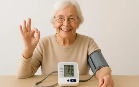 Donna anziana sorride, facendo OK con la mano, mentre controlla la pressione. Il misuratore indica 180/100.