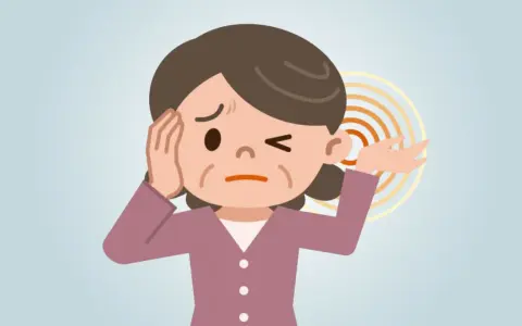 Donna con espressione sofferente, si tocca l'orecchio sinistro, dove si notano onde concentriche che indicano un fischio orecchio.