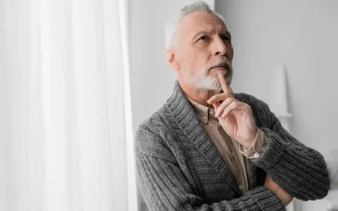 Uomo anziano con barba bianca, pensieroso, con un dito sul mento, forse valutando i risultati di un decadimento cognitivo test.