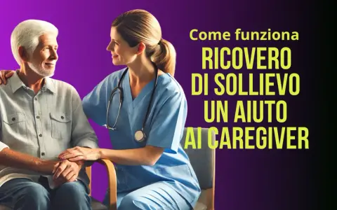 Un'infermiera sorride a un anziano, offrendo supporto. Il testo parla di ricovero di sollievo, un aiuto per chi assiste persone con demenza senile.