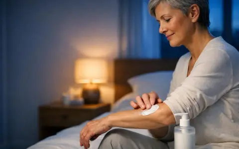 Donna anziana applica crema sul braccio per alleviare insonnia e prurito notturno.