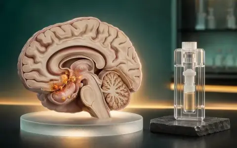 Sezione di cervello con segni di Alzheimer e provetta. Ricerca sui quali esami del sangue per Alzheimer.