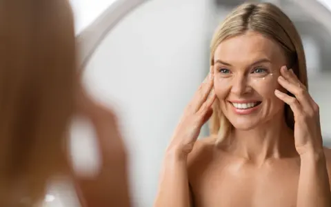 Donna sorride applicando crema contorno occhi. La sua pelle sottile del viso mostra segni del tempo, ma è luminosa.