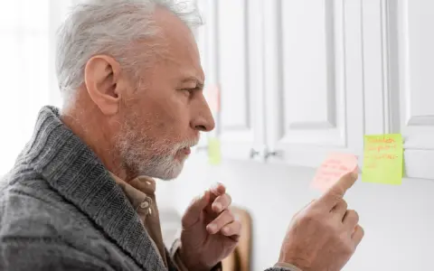 Uomo anziano con Alzheimer, confuso, cerca di ricordare con post-it. Peggioramento improvviso.