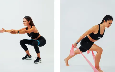 Donna esegue squat con elastico per rinforzare i muscoli delle gambe e affondi con elastico per un allenamento completo.