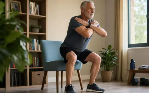 Uomo anziano fa squat su sedia, allenandosi per evitare perdere massa muscolare cause.