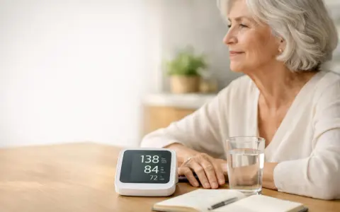Donna anziana controlla la pressione: 138/84, con un valore di 80 battiti al minuto.