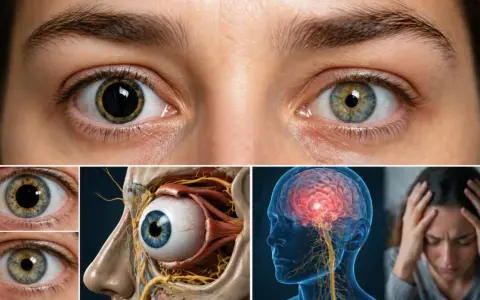 Occhi con pupille isocoriche, anatomia oculare, cervello e persona con mal di testa.