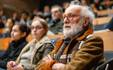 Un anziano con barba bianca e occhiali partecipa a un evento, forse per scoprire le agevolazioni over 65.
