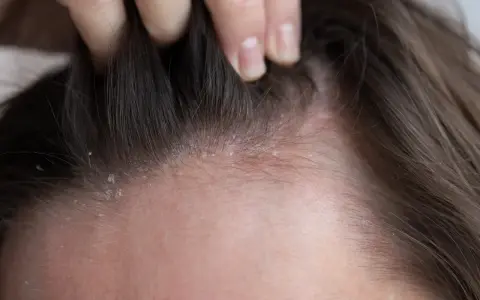 Dettaglio del cuoio capelluto con squame biancastre e arrossamento, indicativo di dermatite atopica.