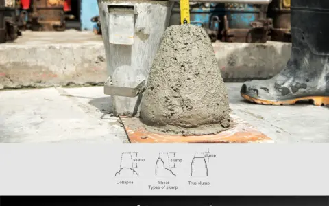 Concrete slump test with a cone mold, measuring tape, and diagrams of slump types.