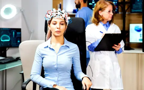 Donna con casco per esame neurologico, mentre un medico prende appunti.