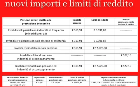 Tabella con nuovi importi e limiti di reddito per prestazioni economiche, inclusi i limiti per l'accompagnamento anziani.