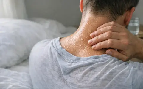 Uomo con sudorazione notturna visibile sul collo, mentre si tocca la nuca.