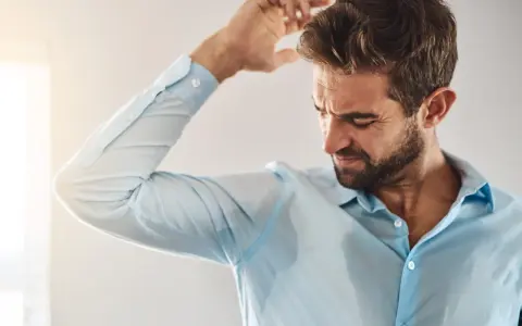 Uomo con camicia azzurra macchiata di sudore sotto le ascelle, che si gratta la testa. Sudare tanto è sintomo di stress o caldo.
