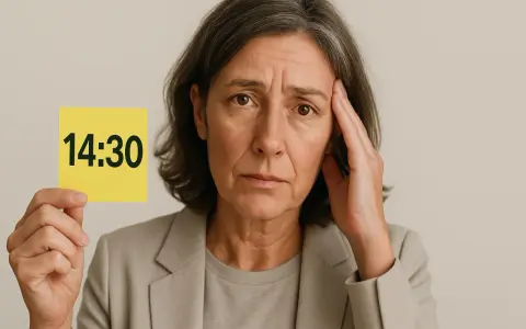 Donna con espressione preoccupata tiene un foglietto con scritto "14:30", forse un promemoria per la perdita di memoria a 50 anni.