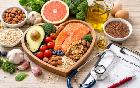 Salmone, avocado, noci e altri cibi sani per combattere il colesterolo 260 dopo 50 anni. Stetoscopio e ricetta medica in primo piano.