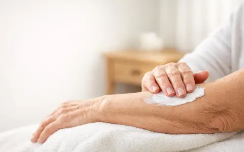 Mano anziana applica crema idratante su un braccio per alleviare i pruriti sul corpo.