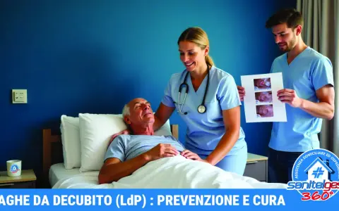 Infermieri mostrano immagini di piaghe da decubito a un paziente anziano, indicando chi cura le piaghe da decubito con competenza e attenzione.
