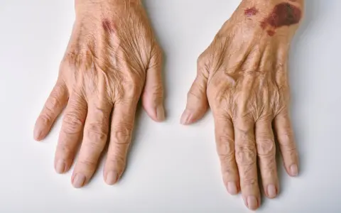 Mani anziane con macchie di sangue sulla pelle, segni di fragilità e fragilità cutanea.