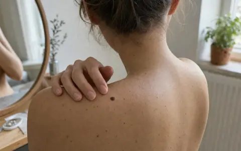 Spalla di donna con nei, uno più scuro attira l'attenzione, suggerendo un possibile dolore alla pelle.