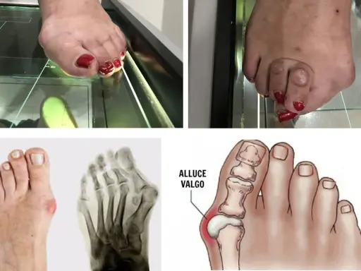 Immagini di piedi con alluce valgo, radiografie e un'illustrazione anatomica. Il dottore dei piedi, l'ortopedico, studia queste condizioni.