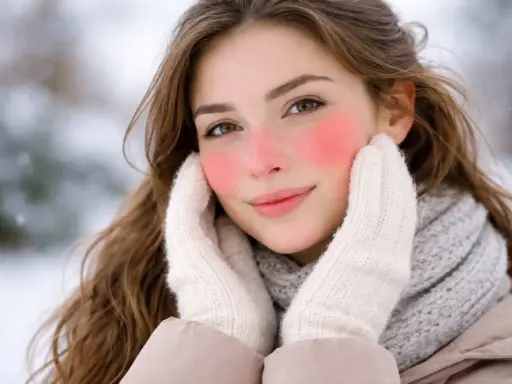 Ragazza con guance rosse per il freddo, mani coperte da guanti bianchi, sciarpa grigia e giacca beige. L'arrossamento della pelle è evidente.