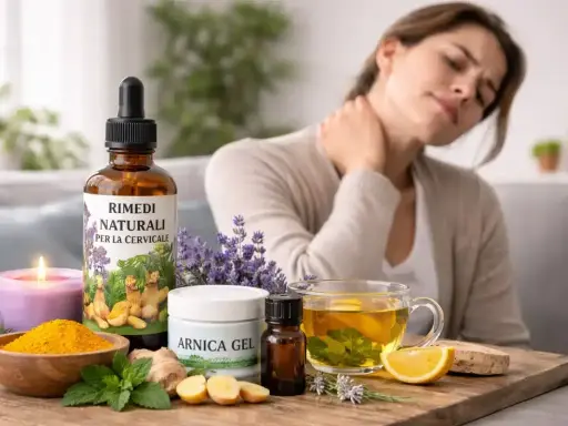 Donna con dolore al collo, circondata da rimedi naturali per il prurito al collo e rossore, tra cui arnica, zenzero e tisana.
