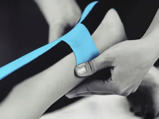 Applicazione di nastro kinesiologico blu e nero per supportare il tendine d'Achille.