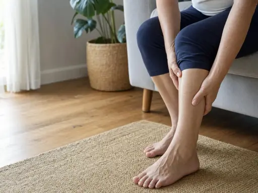 Donna seduta sul divano, si tiene le gambe, avvertendo un senso di sbandamento e debolezza alle gambe.