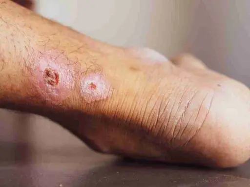 Pelle del piede con lesioni infiammate, arrossate e crostose, che suggeriscono un forte dolore alla pelle al tatto.