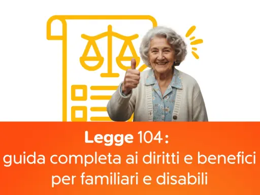 Anziana sorridente con pollice in su, accanto a un'icona di bilancia e documento. Guida su come richiedere 104 per un familiare anziano.