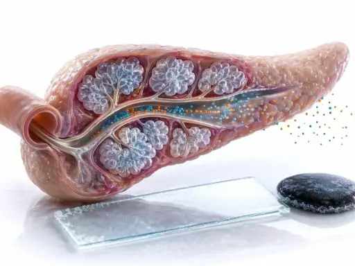 Pancreas che rilascia amilasi e lipasi. Le sfere blu e arancioni rappresentano gli enzimi digestivi.