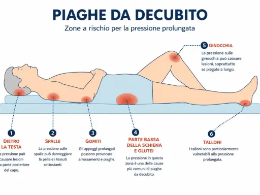 Illustrazione mostra le zone a rischio di piaghe da decubito: testa, spalle, gomiti, schiena, glutei, ginocchia e talloni. Prevenire è il primo passo per curare le piaghe.