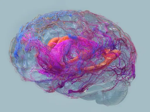 Cervello umano con vasi sanguigni colorati, che simboleggiano la complessità e i potenziali **alzheimer sintomi finali**.