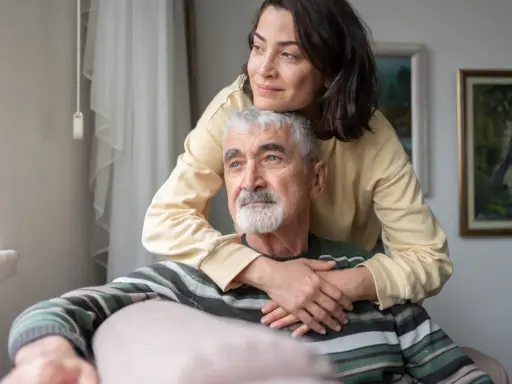 Un uomo anziano con Alzheimer, abbracciato da una donna, sembra cogliere un momento di lucidità, un ricordo che riaffiora.
