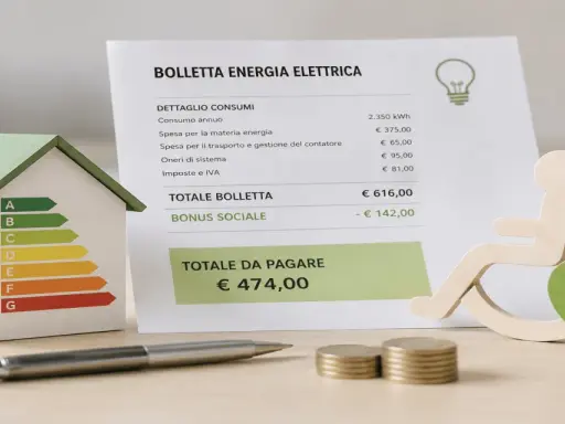 Modellino di casa con classe energetica, bolletta elettrica e simbolo disabilità con cuore "Legge 104".