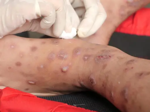 Gambe con lesioni cutanee, forse trattate con scabbia rimedi della nonna. Mani con guanti applicano un trattamento.