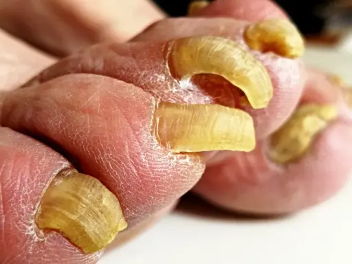 Primo piano di unghie doppie sui piedi, con pelle secca e screpolata.
