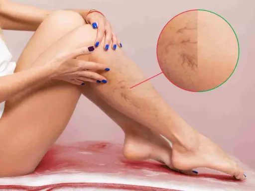 Gambe con vene varicose visibili, un sintomo comune di trombofilia. Un ingrandimento mostra la rete vascolare.