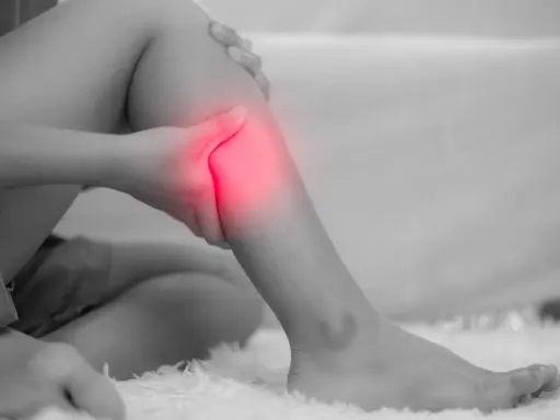 Donna che si tiene la gamba, evidenziata in rosso, a causa di dolori alle gambe, un possibile problema neurologico.