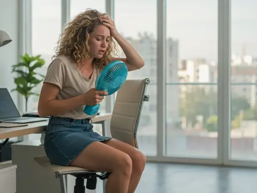 Donna con capelli ricci, in ufficio, soffre il caldo con un ventilatore portatile. La sua fronte è imperlata di sudorazione improvvisa.