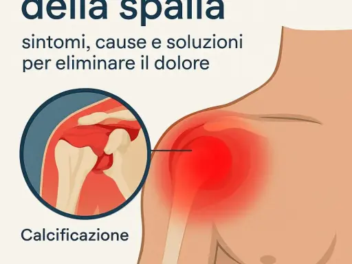 Spalla con tendinite calcifica: ingrandimento mostra calcificazione e area infiammata in rosso. Sintomi, cause e soluzioni per il dolore.
