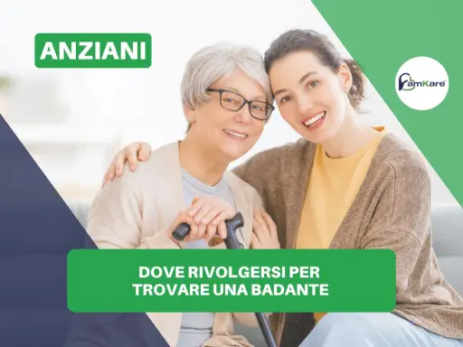 Anziani sorridenti, una giovane donna abbraccia un'anziana con bastone. Guida su come trovare una badante.