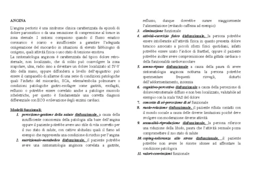 Elenco di modelli funzionali per l'angina, tra cui attività-esercizio fisico disfunzionale, che può essere valutato con l'indice di Barthel.