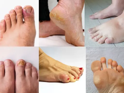 La podologia cos'è? Immagini di piedi con unghie incarnite, talloni screpolati, funghi, calli e gonfiore.